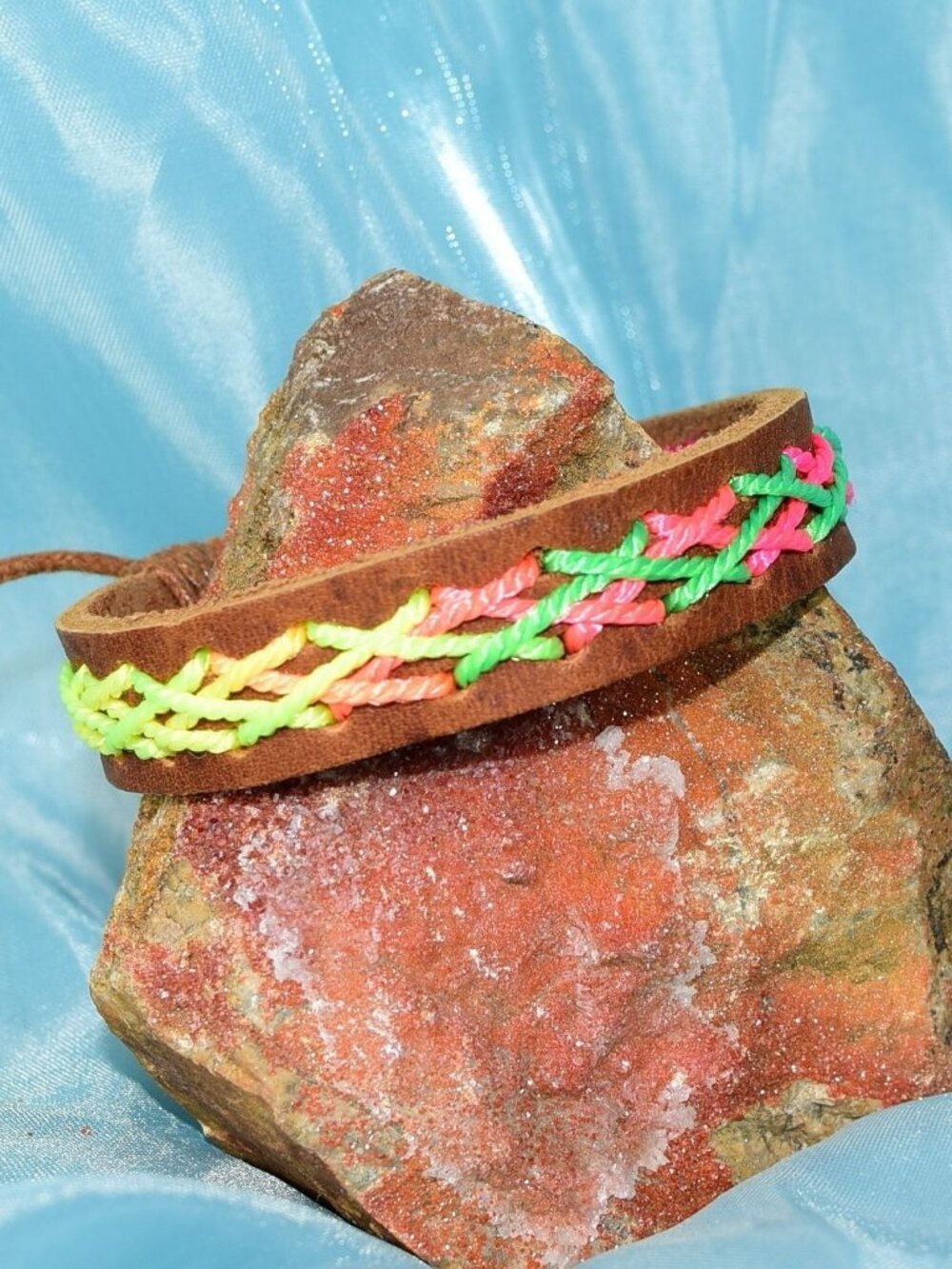 Caz Punch Cross Stitch Leather Bracelet Green Pink Yellow Mens Gift Boxed